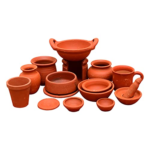 BERACA Terracotta Miniature Kitchen Set Clay Kitchen Set for Kids Miniature Cookware for Cooking Terracotta Kitchen Play Set (15 Pieces in A Set) Pack of (01)