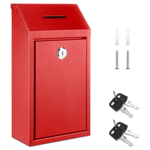 Yaocom Metal Money Donation Cash Box Collection Safe Suggestion Box with Lock Wall Mounted Mailbox Delivery Ballot Container for Home Office Outdoor Farmstand(Red,10.24 x 5.71 x 2.95 Inch)