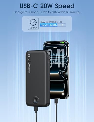 Image of Nusyddy Portable Charger 10000mAh PD20W w /Built-in Cables & Wall Plug Black | PD20W Fast Charging, Battery Indicator, Pass Through Charging, TSA Approved, Compact /Slim, Power Bank for iPhone /iPad /Samsung