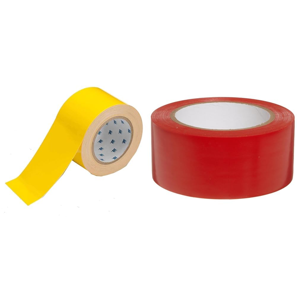 Brady - 104342 ToughStripe Floor Marking Tape - Yellow, Non-Abrasive Tape - 3" Width, 100' Length & 58201, 108' Length, 2" Width, B-7569 Vinyl Tape, Red Color Aisle Marking Tape