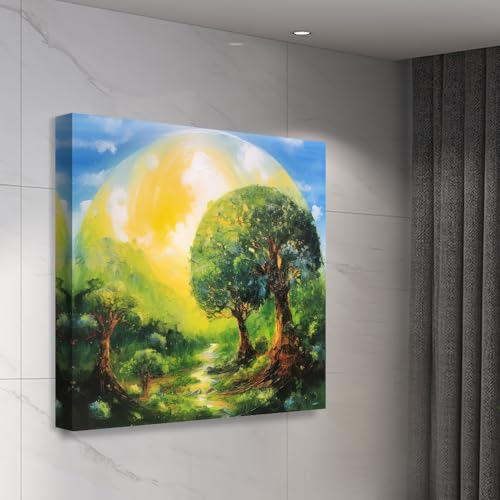Image of EXSHA Vibrant Fantasy Forest Canvas Wall Painting with Radiant Sun & Lush Green Trees|Serene Nature Landscape Art for Living Room, Bedroom, Office Decor|Nature Painting for Wall Decoration|24x24 Inch