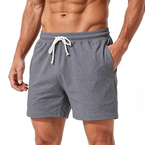 Jeixopu Mens Athletic Gym Shorts 5" Cotton Jogger Workout Casual Lounge Sweat Shorts with Pockets (Drak Gray-L)