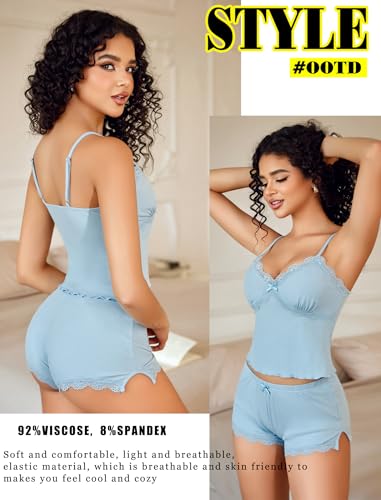 Image of Avidlove Women's Soft Ribbed Knit Cami Pajama Set Sexy V Neck Lace Trim Sleepwear Side Slit Shorts Lingerie Nightwear