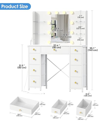 Akxomel Vanity Desk with Mirror and Lights, White Makeup Vanity Table with with Power Outlet, 13.8\" D x 37.4\" W x 55.1\" H, Storage Drawers, Compact Modern Vanity Desk for Bedroom, for Girls, Women - Thumbnail 2