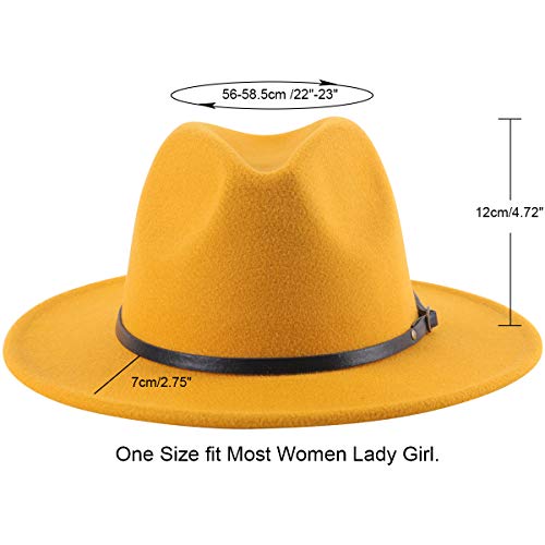 Lanzom Womens Classic Wide Brim Floppy Panama Hat Belt Buckle Wool Fedora Hat Fit Size 6 8/7-7 1/4(One Size, Yellow)
