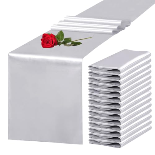 Yblut 15 Pack Satin Table Runner 12 x 108 Inch Long Silver Silk Table Runner for Wedding Party Banquet Birthday Decoration