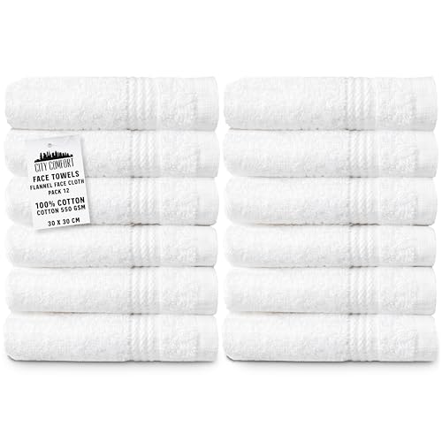 CityComfort Juego Toallas Pack de 12 Toallas Faciales y Mano 100% Algodon 30x30cm Toallas de Franela Secado Rápido Absorbentes (Blanco - 12 Pack)