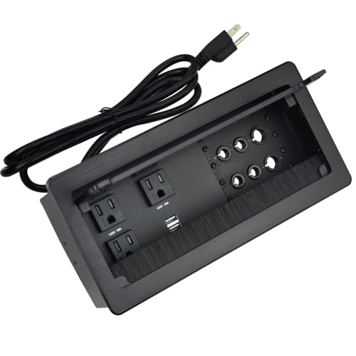 Tabletop Power Multimedia Connectivity Box with 3 AC Power+2 USB-A Charging+6 Cable Management/XLR Grommet Holes with 5.58ft Power Cord for Conference Room (Black)