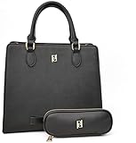 The Meghan - Black Lunch Satchel with Portable Utensils - Insulated Vegan Leather Lunch Bag for Work Office Picnic - Chic Designer Lunch Purse with Leakproof Zipper Closure and Adjustable Strap