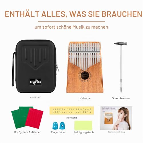 Shaevle Kalimba Daumenklavier, 17 Tasten Musikinstrument Inkl. Fingerklavier Tragetasche Stimmhammer Songbook, Thumb Piano Instrument Geschenk für Kinder, Erwachsene, Anfänger