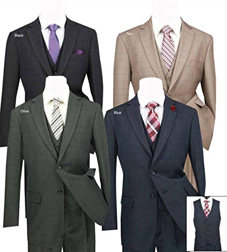 Vinci Window Pane 2 Button Single Breasted Classic Fit Wool Feel Suit W/Vest V2Rw-15-Black-46R #TOP1