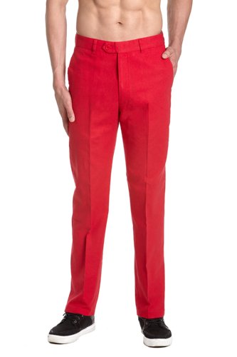 Concitor Linen Men's Dress Pants Trousers Flat Front Slacks Solid RED Color