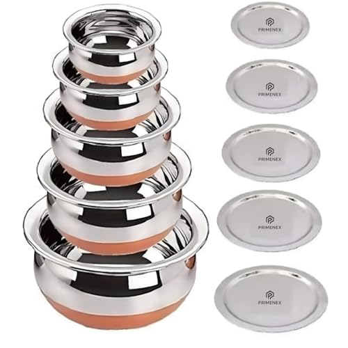 Image of Copper Bottom Stainless Steel Handi Set of 5 - Multipurpose Kitchen Cookware for Cooking & Serving - Energy Efficient, Friendly Cookware | 0.5L - 2L Capacity (Handi Set of 5 with Lid)