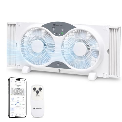 Comfort Zone 9" Smart Reversible Twin Window Fan with WiFi & Remote Control | 3-Speed Exhaust, Intake & Circulate Functions | Adjustable 23.5" to 37" Width | Works App (iOS/Android)