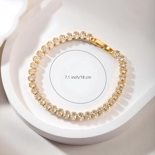 Image of 18K Gold-Plated Oval-Cut Cubic Zirconia Tennis Bracelet | 5.9-7.5 inches Multiple Sizes Fashionable Women's Gold Tennis Bracelet