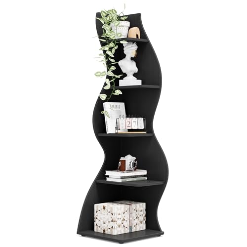 Image of Tribesigns Corner Shelf, Modern 5-Tier Wall Corner Bookshelf, Stylish Corner Small Bookcase Storage Rack Plant Stand with Unique Shape for Living Room, Home Office, (1PC, Black)