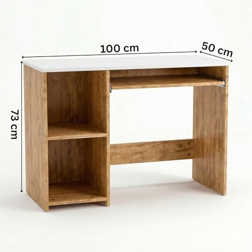 Image of FFO GlideDesk Wooden Computer Desk with Sliding Keyboard Tray & Storage Shelf | Compact Study & Work Table for Home Office | Space Saving Writing Desk | Engineered Wood