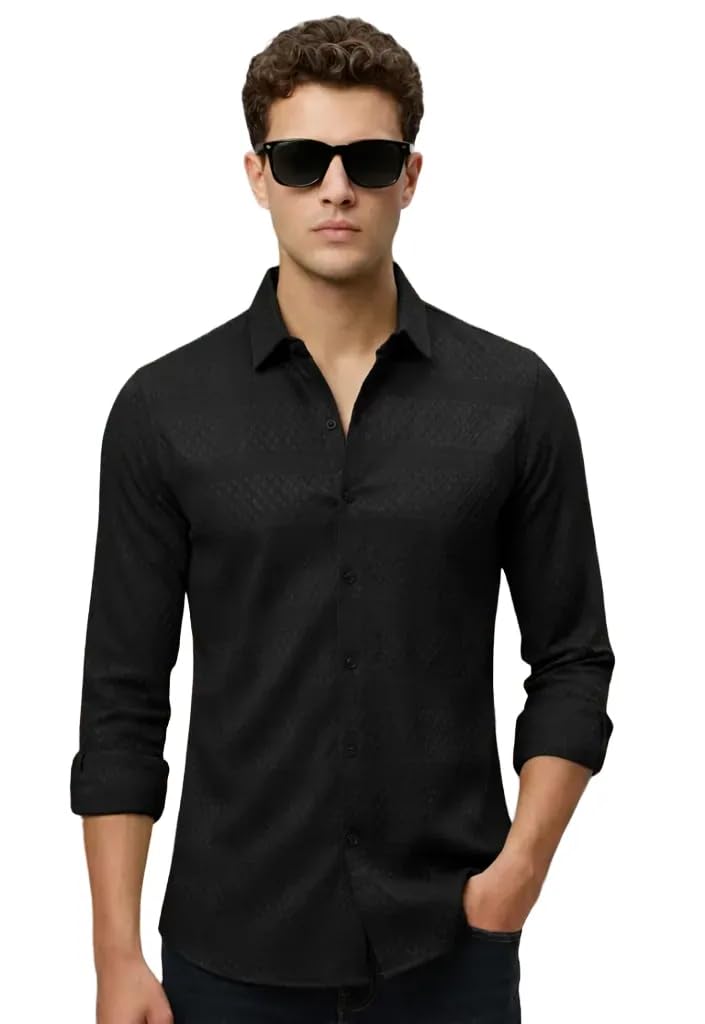 Men's Popcorn Fabric Spread Collared Button Down Textured Full Sleeves Casual Shirt-image-13