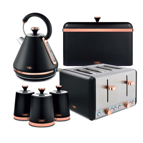 Image of Tower Cavaletto 4 Piece Kitchen Set, 3kW 1.7L Pyramid Kettle, 4 Slice Toaster, Bread Bin & 3 x 1.3L Canisters, Black, EEJB475