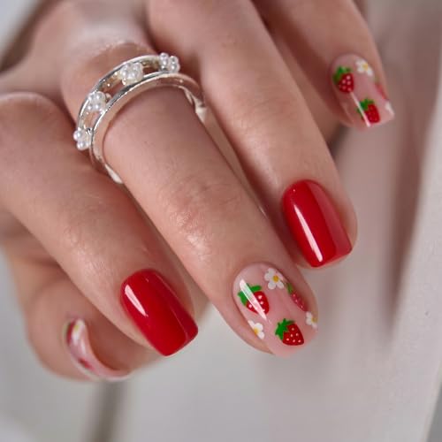 CurvLife Short Square Press On Nails, Strawberry Kiss Strawberry Pink