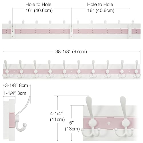 Image of SKOLOO Coastal Coat Rack Wall Mount-38.12 inch Beach House Entryway Wooden Coat Hook with 10 Hooks for Hanging Coats, Hats or Towels, Oceanfront Cottage Core Collection, White & Palm Beach Pink, Pack of 2