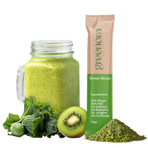 GREENORA Smoothie Vegano Espirulina, Espinacas, Jengibre, Kale, Mango y Kiwi en Polvo. Fruta y Verdura Liofilizada 100% Natural. Superalimentos. 10x24g