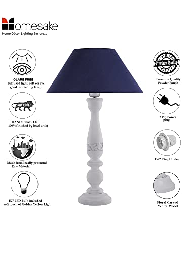 Image of Homesake Handcrafted Wooden Table Lamp for Bedroom & Living Room | Decorative Bedside Reading Lamp with Fabric Shade, E27 Holder | Bulb Included | White Floral Carved Base for Home Decor, Blue