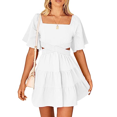 Image of OWNGIGI Women's Summer Dresses Square Neck Short Sleeve Cutout Crossover Elastic Waist Casual Party A-Line Mini Dress