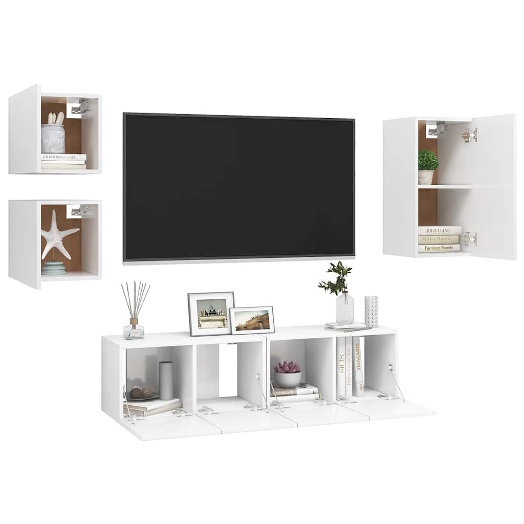 5-TLG. TV-Schrank-Set, Weiß Holzwerkstoff, Hängend, Modernes Media-Center für Wohnzimmer, Schlafzimmer, Viel Stauraum