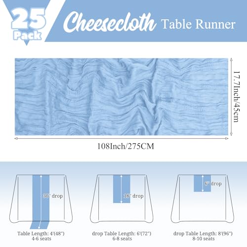 25 Pack Light Blue Table Runner 17 x 108inch Cheesecloth Table Runner Boho Gauze Table Runners Rustic Long Sheer Fabric Cheese Cloth Table Runners for Wedding Party Bridal Shower Farmhouse Home Decor by Lumaycens - Used condition - Image 2