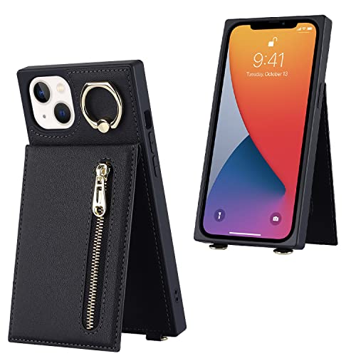 Jaorty Iphone 13 Case With Card Holder,Crossbody Wallet Case For Iphone 13 With Strap For Women，[Ring Holder Kickstand] Lanyard Leather Pu Magnetic Clasp Zipper Purse,6.1" Black #TOP4