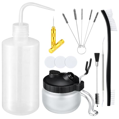 Sieral 8 Pcs Airbrush Spray Gun Cleaning Kit Double Sided Brush Large General Brushes Double Side Dental Pick Glass Jar with Holder 5 Needle 5 Brushes Wash Needle 500ml Plastic Bottle