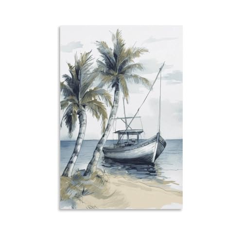Impression sur toile grand réalisme palmiers et bateau de pêche