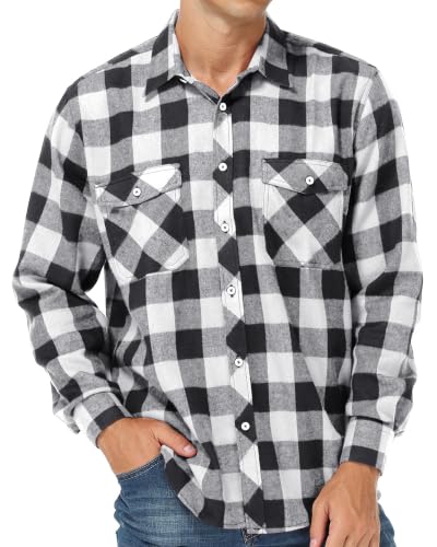 Image of Men's Casual Button Up Flannel Checked Shirts Long-Sleeve Plaid White M