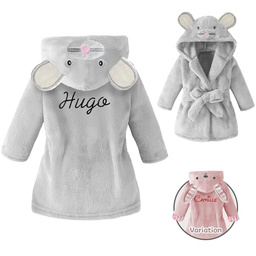 KDO MAGIC Peignoir bébé personnalisé - Prénom brodé - Robe de chambre douce et moelleuse - Cadeau personnalisable - Naissance, baptême, anniversaire, Noël, garçon, fille (6-12 mois, Gris)