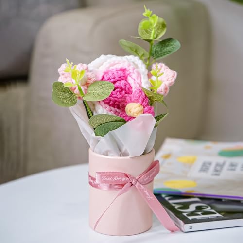 Image of Nostrae by Ekhasa Pink With White Crochet Flowers Bouquet (Small Size) | Knitted Flowers For Gifting | Woolen Bouquet Perfect For Crochet Gifts | Handmade Bouquets Gift