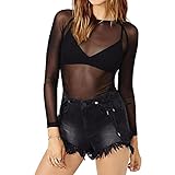 Evankin Womens See Through Sheer Blouse Long Sleeve Corset Casual Black Bodysuit Sexy Mesh Tops T Shirts for Women Plus Size(sy,Black,S)