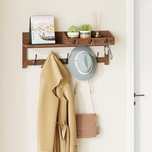 Image of AMBIRD Wall Hooks with Shelf, 26.57 Inch Entryway Wood Coat Hooks for Wall with Shelf, Coat Rack Wall Mount with 5 Dual Hooks 3 Key Hooks Mail Organizer and Key Rack Holder (Brown)