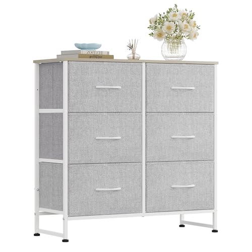 Image of WLIVE Fabric Dresser for Bedroom, 6 Drawer Double Dresser, Closet Dresser with Fabric Bins, Chest of Drawers for Closet, Living Room, Hallway, Light Grey