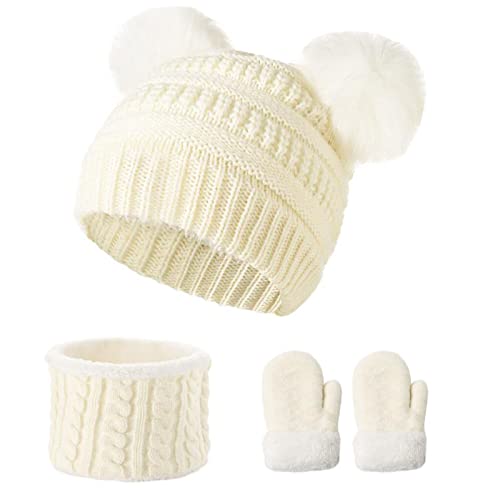Kids Winter Pom Pom Hats Gloves Scarf Set for Girls Boys Toddler Knitted Fleece Lined 3Pcs Sets for 1-10 Years Old