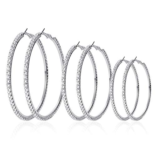 3 Pairs Rhinestone Hoop Earrings Silver Hoop Earrings For Women Girls Valentine's Day Gift (2.4'' 3.2'' 3.5'') #TOP9