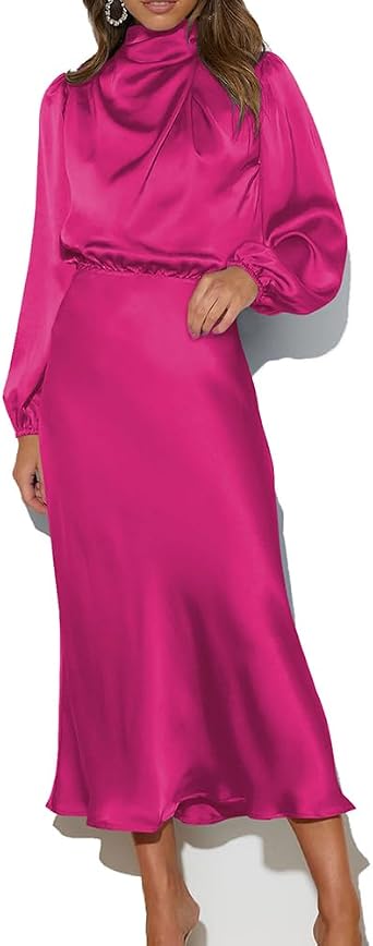 Hbufnha Womens Satin Dress Long Sleeve Elegant Lady Cocktail Party Banquet Formal Dress