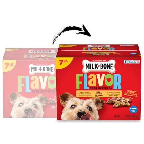 Image of Milk-Bone Flavor Snacks Small Dog Biscuits, Flavored Crunchy Dog Treats, 7 Pound Box | 5 meaty flavors with other natural flavors, crunchy small dog treats, 15% protein, 12 vitamins & minerals, made in the USA