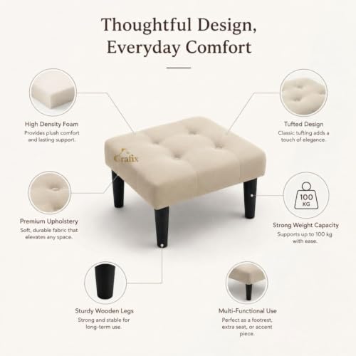 Image of Upholstered Foot Rest Ottoman Stool with Wooden Legs, Tufted Footstool for Living Room, Bedroom, Makeup Vanity, Entryway, Comfortable Footrest Bench, Modern Accent Ottoman (Creme)