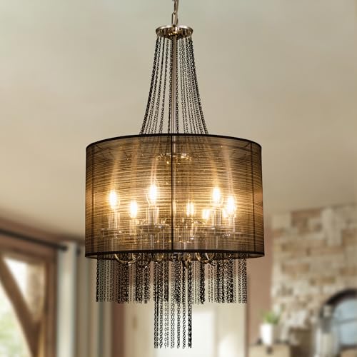 Wellmet Chrome Farmhouse Chandeliers for Dining Room, 6-Light Drum Vintage