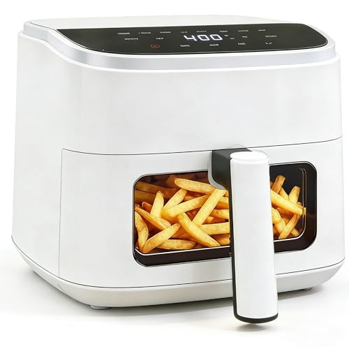 Image of HealSmart 4 Qt Air Fryer with Visible Window, 8-in-1 Digital Airfryer with Interior Light, 1500W, Nonstick Dishwasher-Safe Basket for Fries, Bake, Wings, 60-Min Timer, White