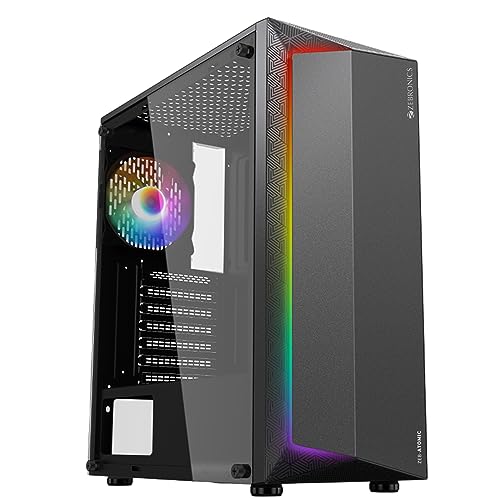 Image of ZEBRONICS Atomic Mid-Tower Premium Gaming Cabinet - Black, ATX /M-ATX /M-ITX, 1 x 120 mm RGB Inner Glow Rear Fan, LED Strip with Control Switch, Tempered Glass Side Panel, USB 3.0, USB 2.0 (Black)