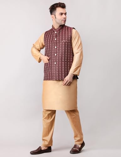 Image of Men's Cotton Silk Blend Regular Kurta Pyjama, Embroidered Nehru Jacket /Waistcoat Set