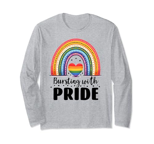 Gay Pride Tees,Rainbow Heart Pride Shirt,Bursting with Pride Manga Larga