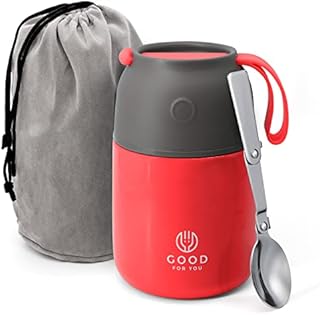 Insulated Food Flask - 530ml Stainless Steel Jar for Hot and Cold Meals  Double-Wall Insulation, Thermal Food Container for School, Office, Travel, Camping - Foldable Spoon, Bag - Cherry Red - 17.9oz